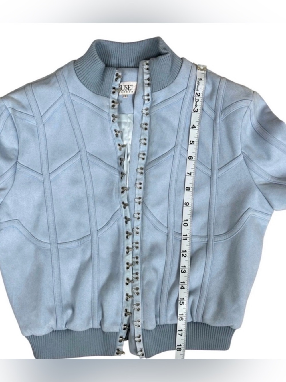 House of CB Rafal Powder Blue Faux Suede Corset Bomber Cropped Y2K S - Picture 14 of 16